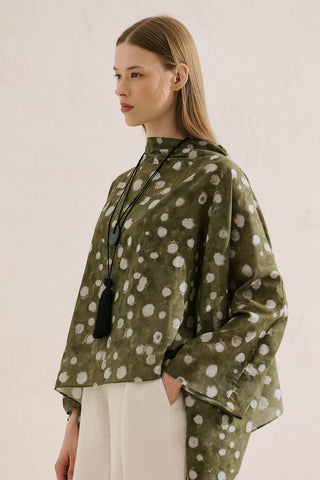 Patterned Cape Blouse Polka Dots Green