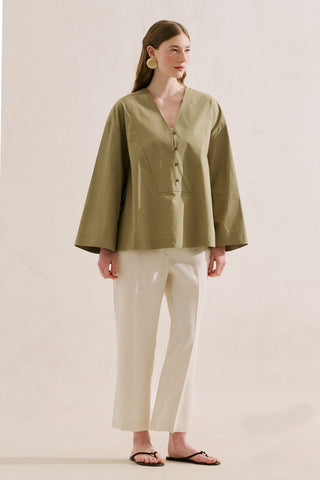 Poplin Wide Sleeve V Neck Shirt Khaki