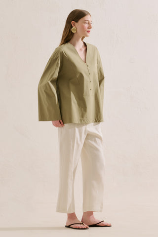 Poplin Wide Sleeve V Neck Shirt Khaki