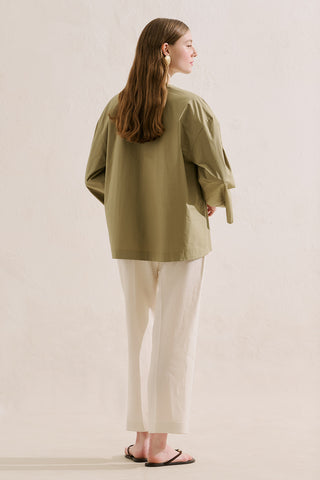 Poplin Wide Sleeve V Neck Shirt Khaki