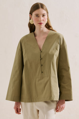 Poplin Wide Sleeve V Neck Shirt Khaki
