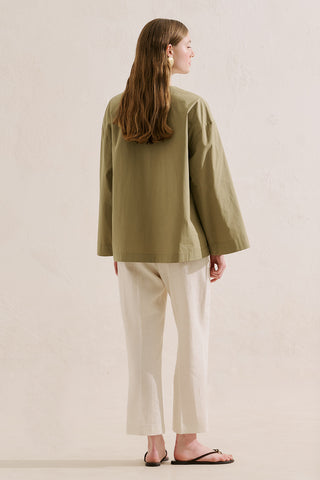 Poplin Wide Sleeve V Neck Shirt Khaki