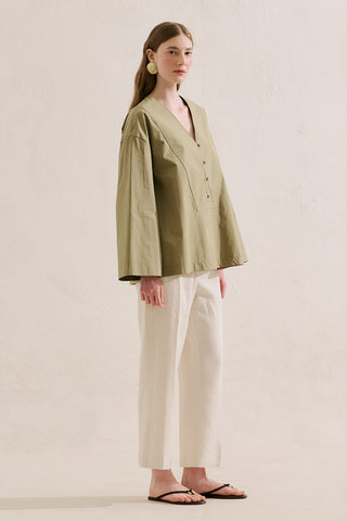 Poplin Wide Sleeve V Neck Shirt Khaki