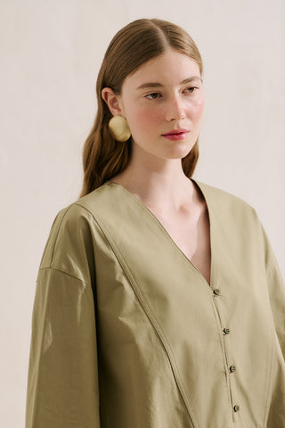 Poplin Wide Sleeve V Neck Shirt Khaki