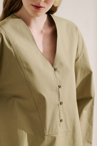 Poplin Wide Sleeve V Neck Shirt Khaki