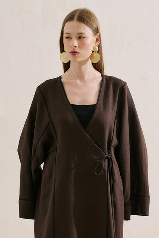 Linen Tie Detail Kimono Dark Brown