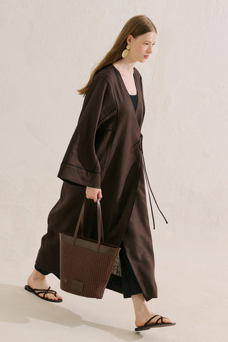 Linen Tie Detail Kimono Dark Brown