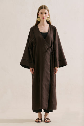 Linen Tie Detail Kimono Dark Brown