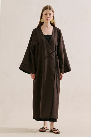 Linen Tie Detail Kimono Dark Brown