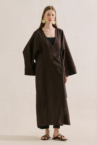 Linen Tie Detail Kimono Dark Brown