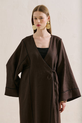 Linen Tie Detail Kimono Dark Brown