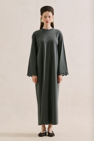 Embroidered Relaxed Dress Dark Green