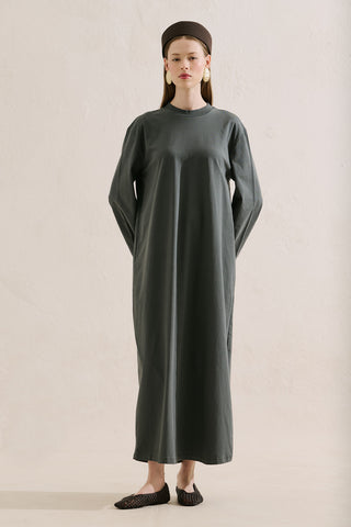 Embroidered Relaxed Dress Dark Green