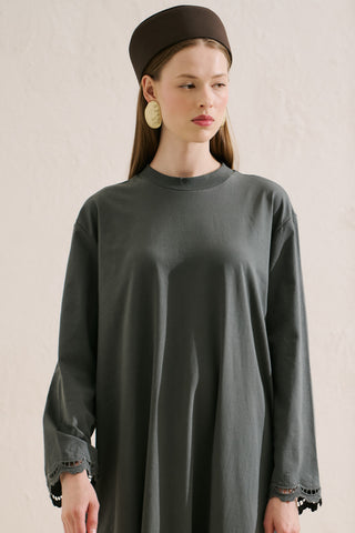 Embroidered Relaxed Dress Dark Green
