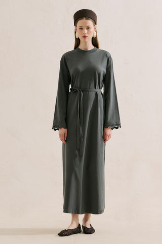 Embroidered Relaxed Dress Dark Green