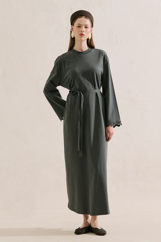 Embroidered Relaxed Dress Dark Green