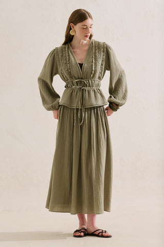 Embroidered Muslin Flowing Skirt Sage Green