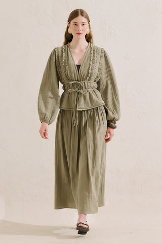 Embroidered Muslin Flowing Skirt Sage Green