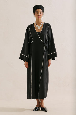 Linen Tie Detail Kimono Black