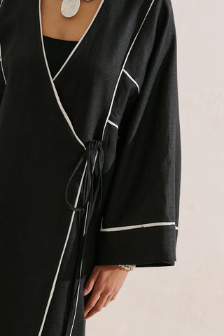 Linen Tie Detail Kimono Black