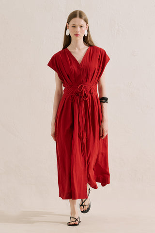 Pleated Dress With Belt Detail Red