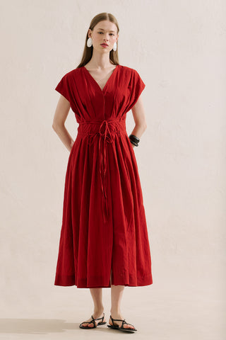 Pleated Dress With Belt Detail Red