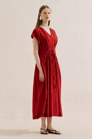Pleated Dress With Belt Detail Red