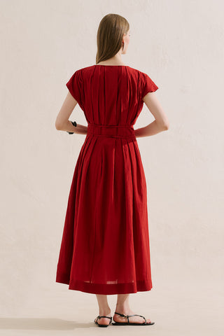 Pleated Dress With Belt Detail Red