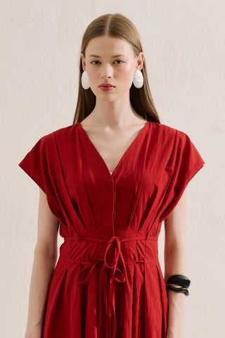 Pleated Dress With Belt Detail Red