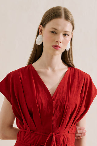 Pleated Dress With Belt Detail Red