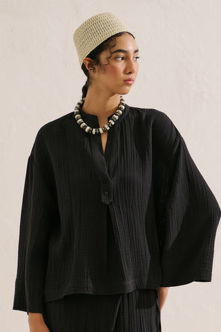 Muslin Wide Sleeve Blouse Black