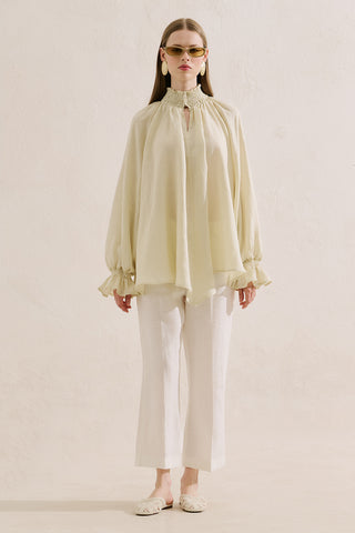 Shirred Linen Balloon Sleeve Blouse Yellow