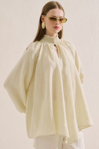 Shirred Linen Balloon Sleeve Blouse Yellow