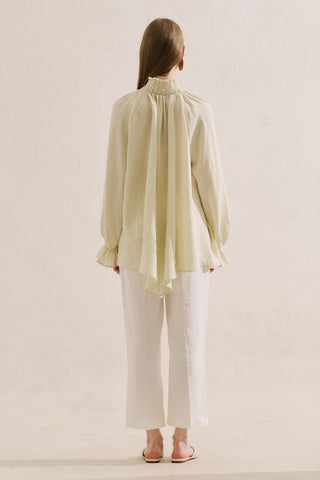 Shirred Linen Balloon Sleeve Blouse Yellow