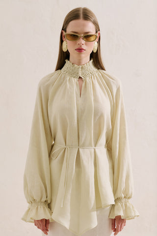 Shirred Linen Balloon Sleeve Blouse Yellow