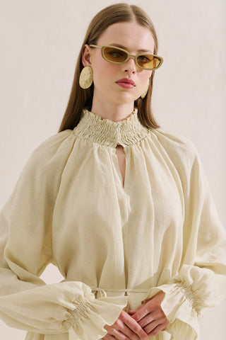 Shirred Linen Balloon Sleeve Blouse Yellow