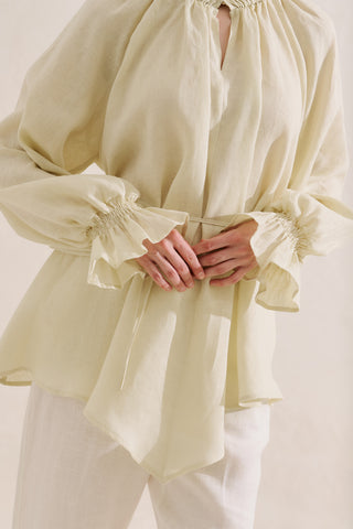 Shirred Linen Balloon Sleeve Blouse Yellow