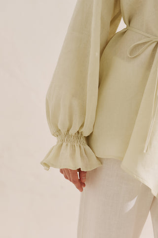 Shirred Linen Balloon Sleeve Blouse Yellow