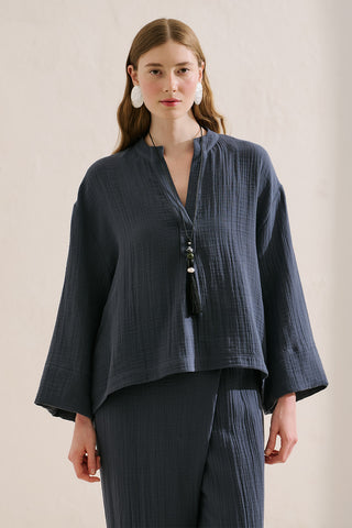 Muslin Wide Sleeve Blouse Indigo