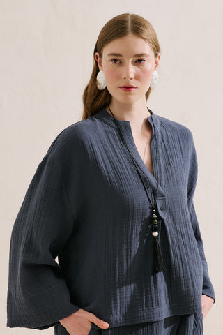 Muslin Wide Sleeve Blouse Indigo