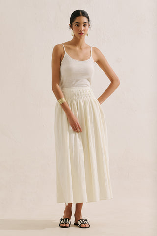 Embroidered Muslin Flowing Skirt Ecru