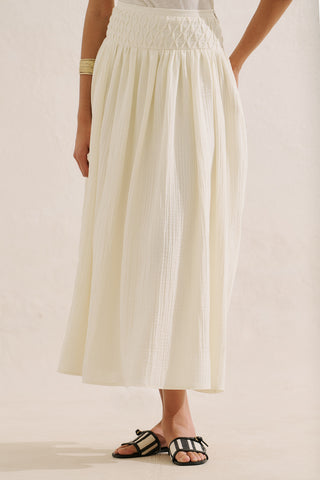 Embroidered Muslin Flowing Skirt Ecru
