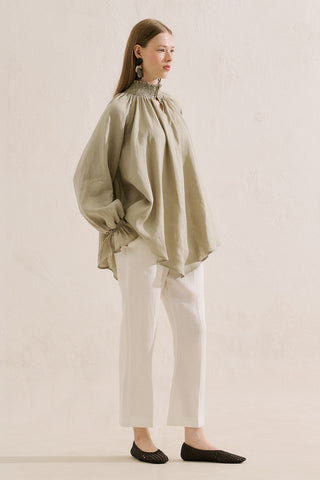 Shirred Linen Balloon Sleeve Blouse Green