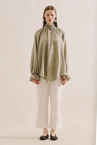 Shirred Linen Balloon Sleeve Blouse Green