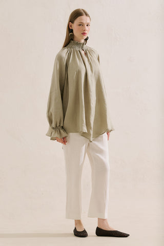 Shirred Linen Balloon Sleeve Blouse Green
