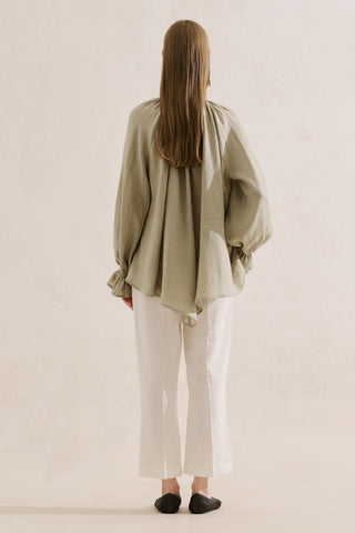 Shirred Linen Balloon Sleeve Blouse Green