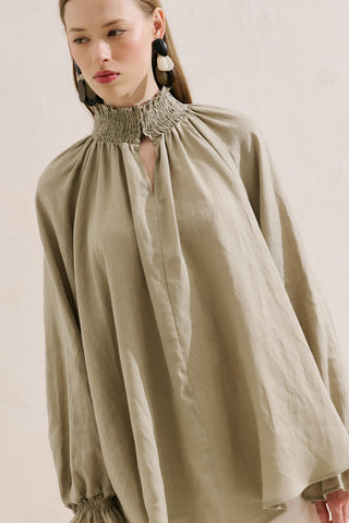 Shirred Linen Balloon Sleeve Blouse Green