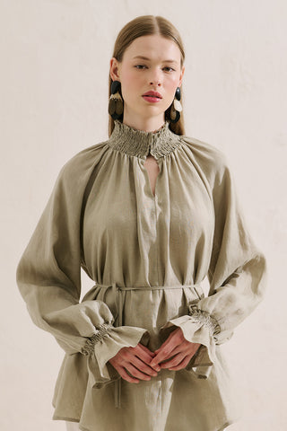 Shirred Linen Balloon Sleeve Blouse Green