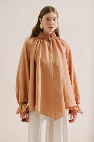 Shirred Linen Balloon Sleeve Blouse Almond