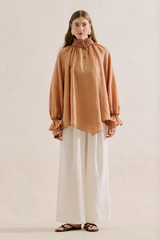 Shirred Linen Balloon Sleeve Blouse Almond